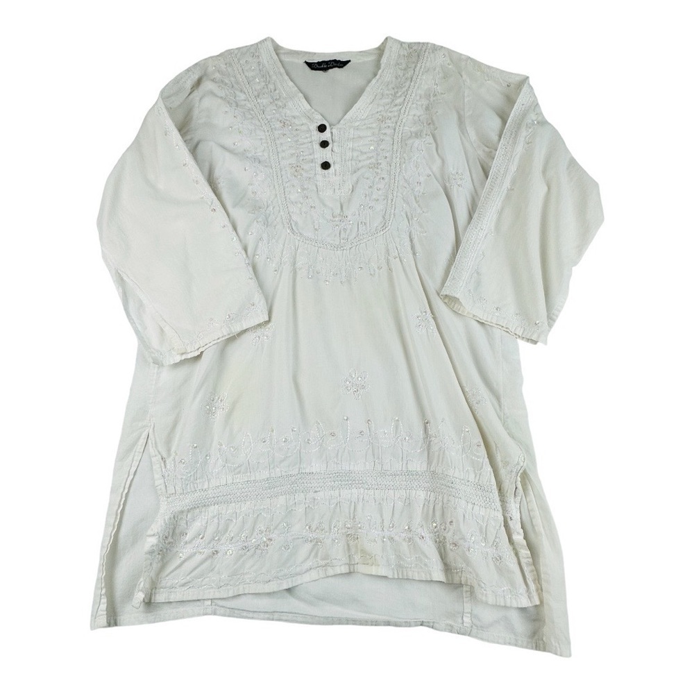 Double Decker Cover Up Tunic Top White Sequin Boho Shirt Size OS